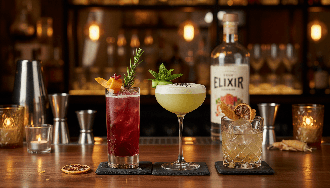 Artfully crafted cocktails with fresh garnishes displayed on a bar counter with warm lighting