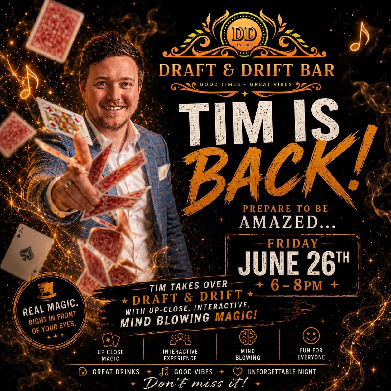 Magician Tim performing card tricks in a poster for Draft & Drift Bar, June 26th.