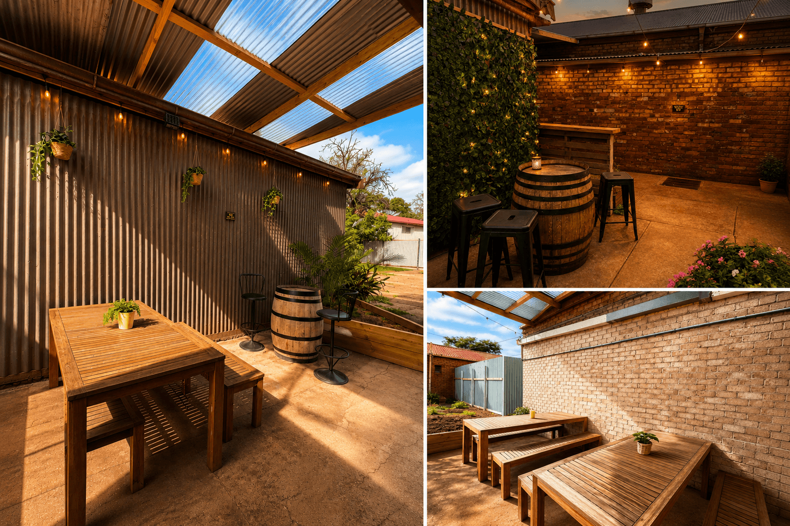 Outdoor patio areas with wooden tables, wine barrel seating, brick walls, and warm string lights.
