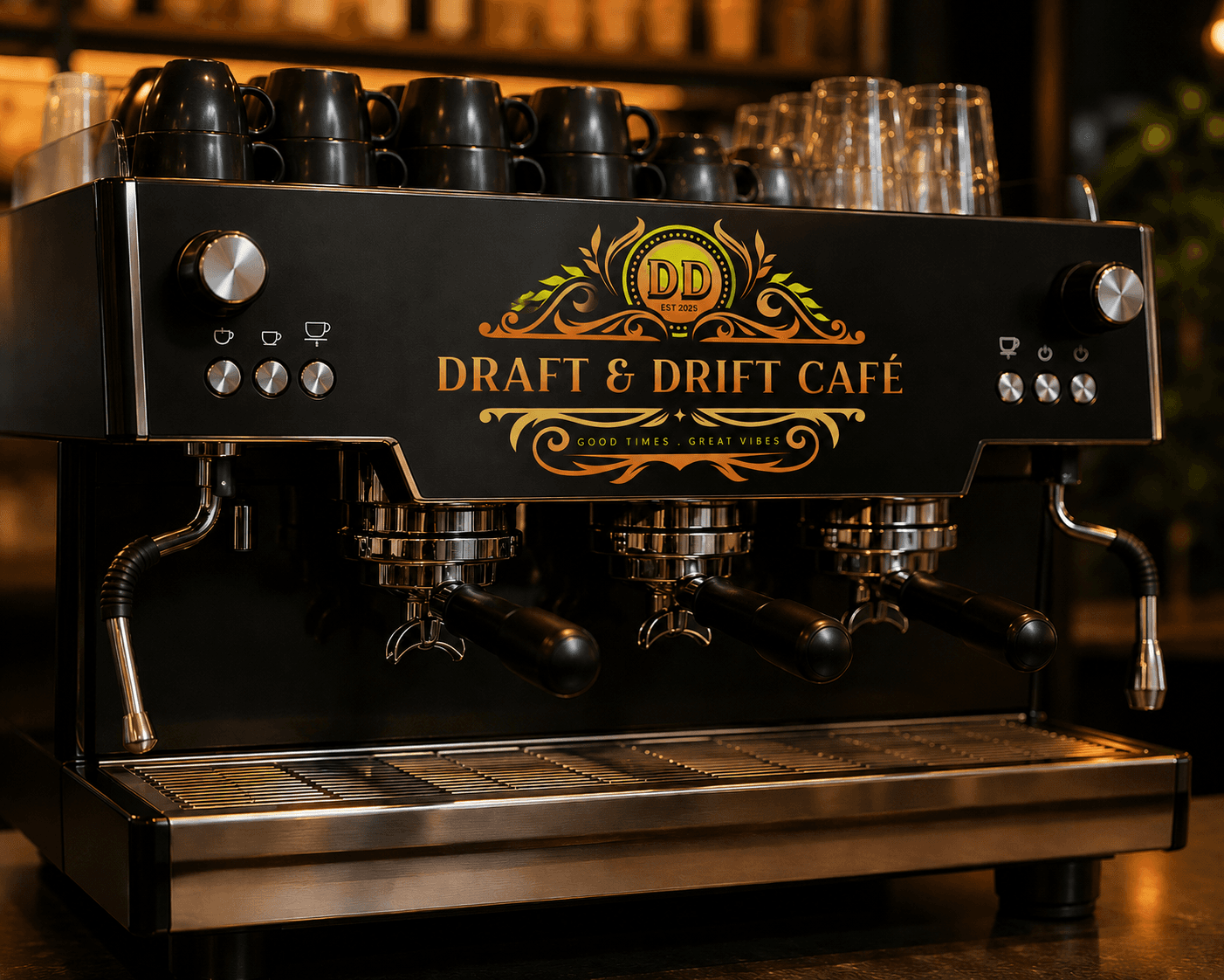 Black three-group espresso machine with Draft & Drift Café branding and stacked coffee cups.