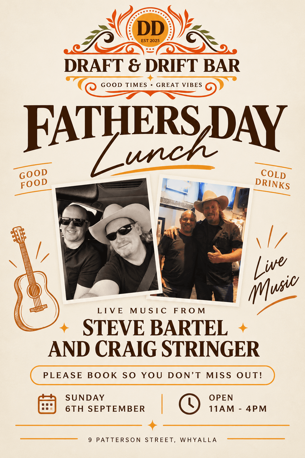 Father's Day Lunch flyer for Draft & Drift Bar featuring Steve Bartel and Craig Stringer.