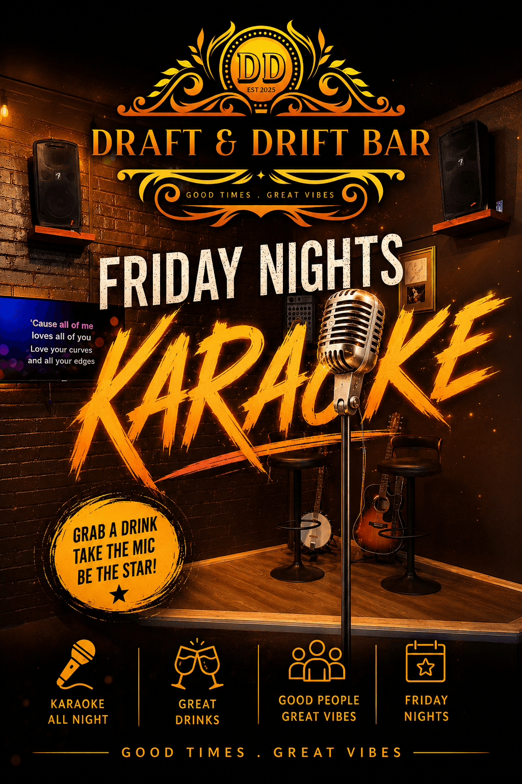 Friday night karaoke poster for Draft & Drift Bar featuring a vintage microphone on stage.